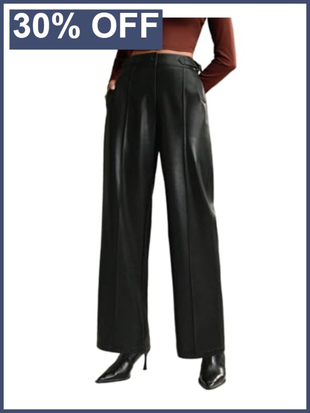 Faux Leather Wide Leg Pants High Waist Business Casual Trousers Pockets